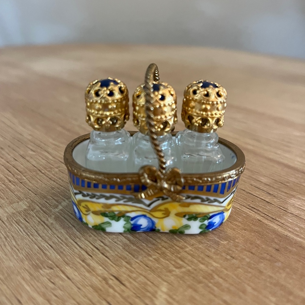 Limoges Porcelain Basket With 3 Perfume Bottles-Vintage Preowned